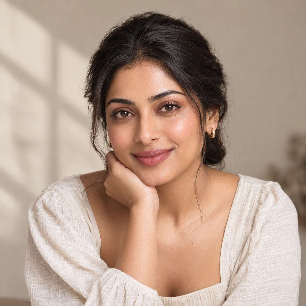 Soft rose lipstick, blush and understated eye makeup