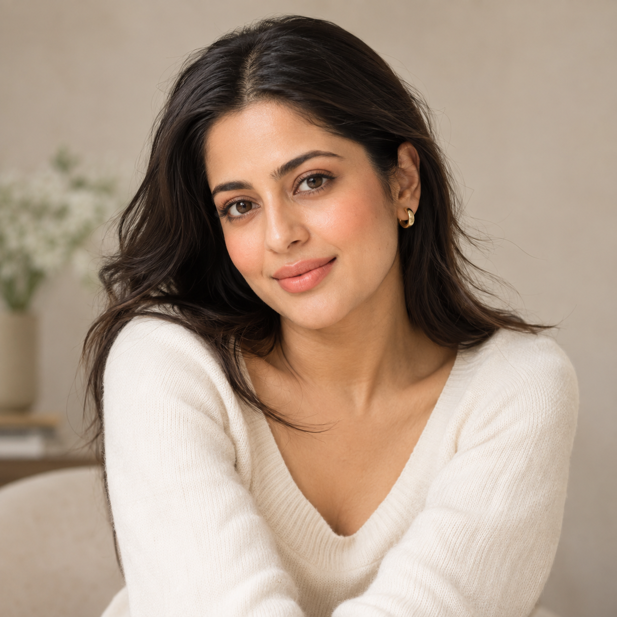 Fresh peach blush and a naturally luminous makeup look