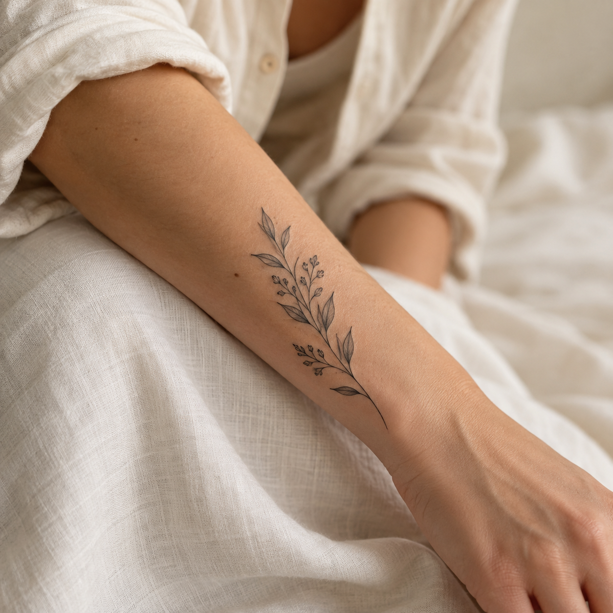 A fine-line botanical sprig tattoo on a forearm