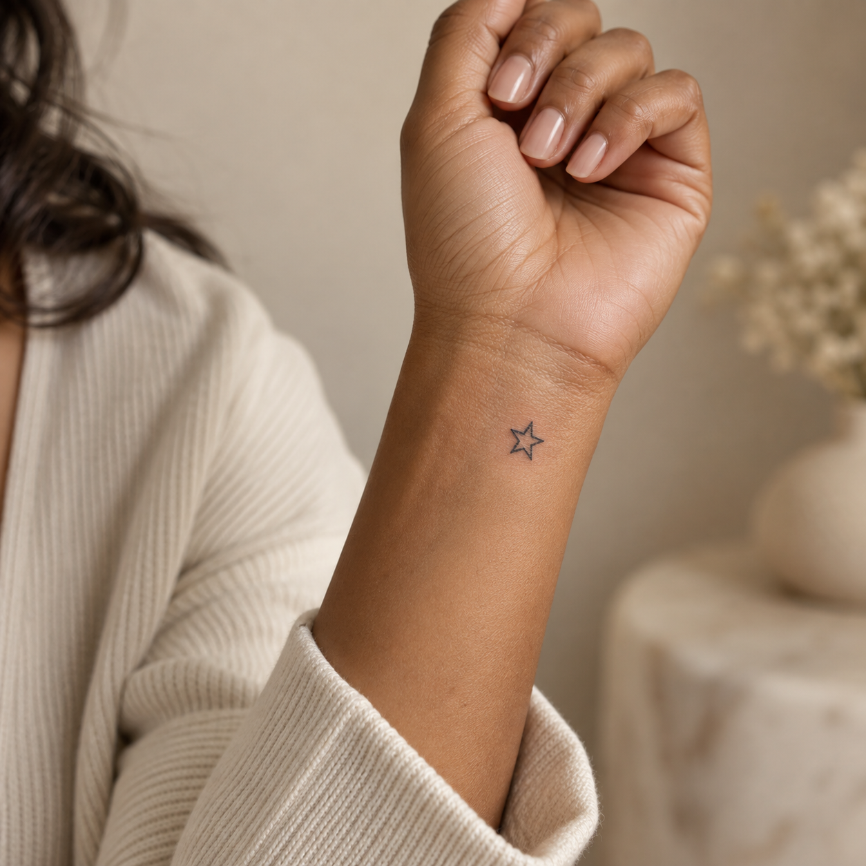 A small outline star tattoo on a wrist