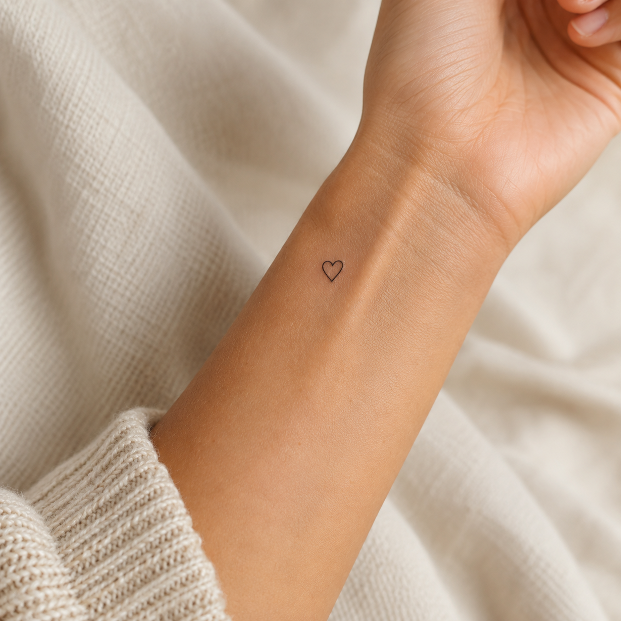 A minimalist outline heart tattoo near the wrist